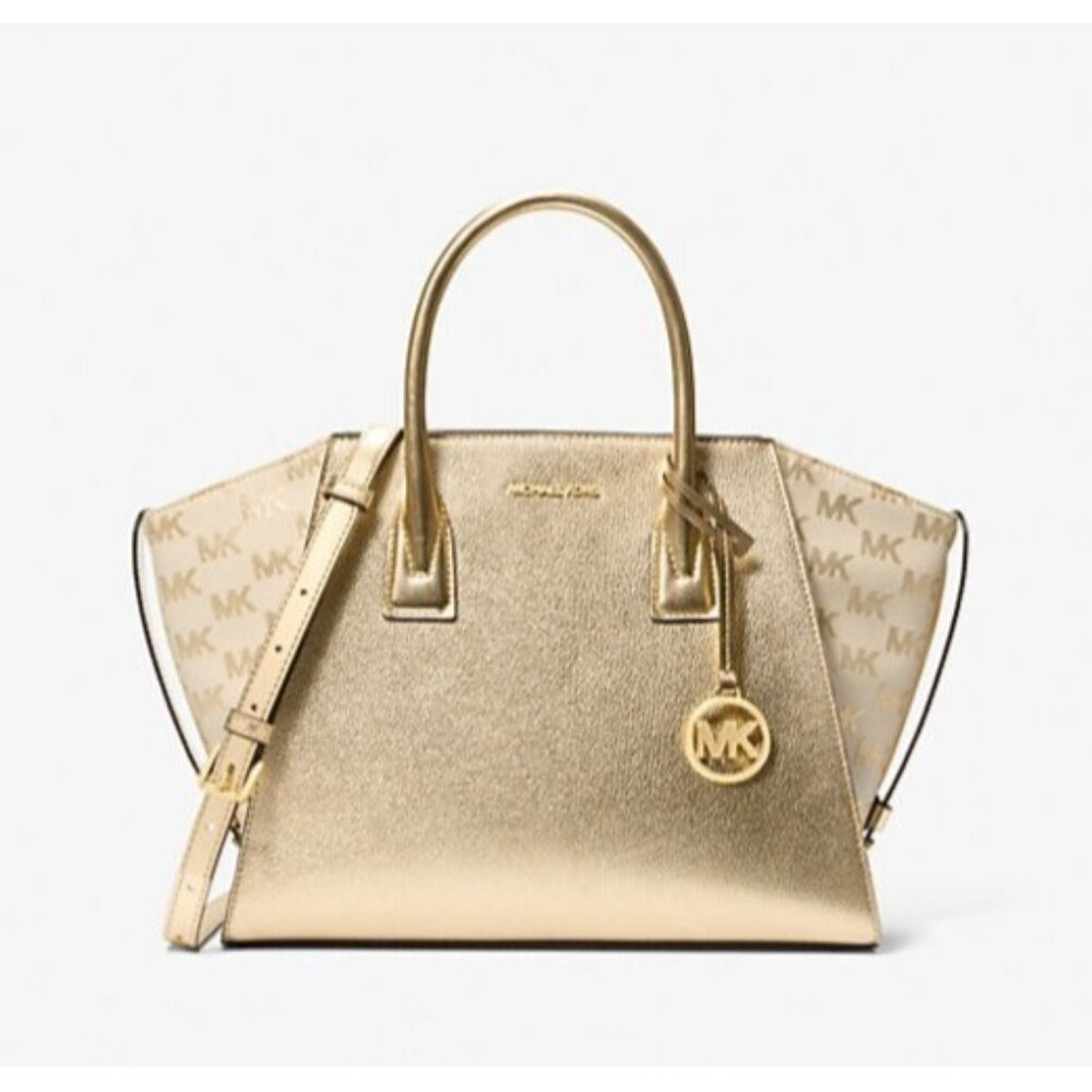 Michael Kors Avril Women Large Metallic Leather Crossbody Satchel Bag Pale Gold